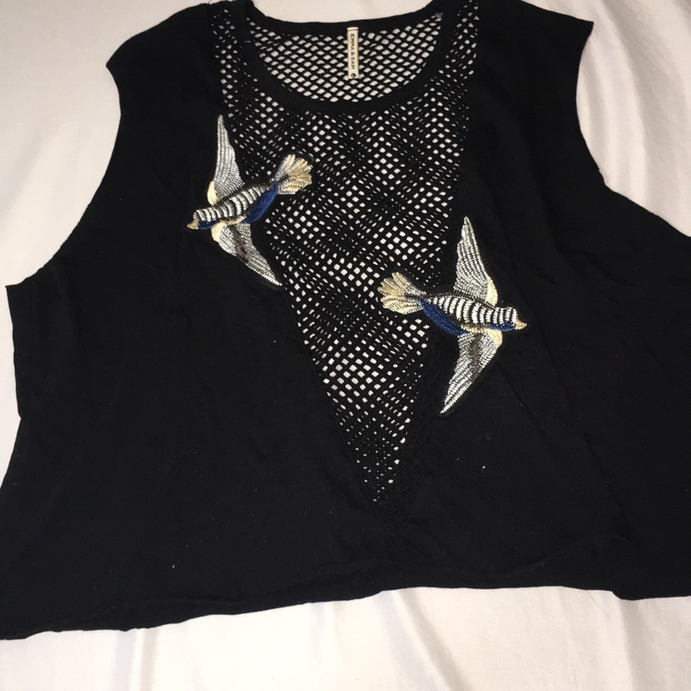Black mesh tank top embroidered size L.